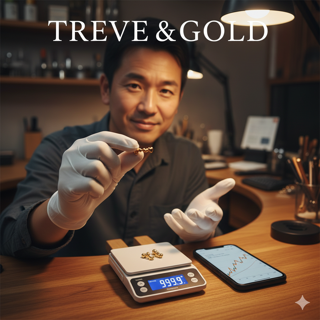 落ち着いた照明の査定ブースで、白い手袋をはめた男性鑑定士が小さな金製品を指先で持ち、微笑みながら提示している画像。手元のデジタルスケールには「999.9」と表示され、隣のスマートフォンには右肩上がりの金相場チャートが映っている。高松市の金買取専門店「TREVE」のイメージ。