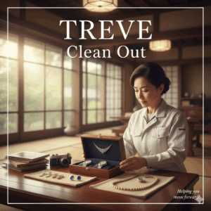 和室で、作業服を着た女性がテーブルの上のジュエリーボックスを開け、ダイヤモンドネックレスや腕時計、真珠のネックレスなどの貴金属を整理している、遺品整理・生前整理のイメージ。高松市内の買取・整理サービス「TREVE」の画像。