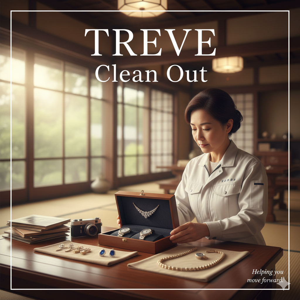 和室で、作業服を着た女性がテーブルの上のジュエリーボックスを開け、ダイヤモンドネックレスや腕時計、真珠のネックレスなどの貴金属を整理している、遺品整理・生前整理のイメージ。高松市内の買取・整理サービス「TREVE」の画像。