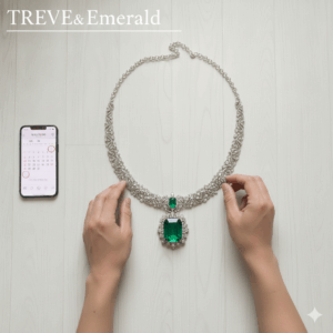 白いフローリングの床の上で、女性の両手が大きなエメラルドカットの宝石が中央についた豪華なダイヤモンドネックレスを持っており、隣にスマートフォンの買取査定スケジュールが表示されている画像。高松市の宝石買取専門店「TREVE」のイメージ。