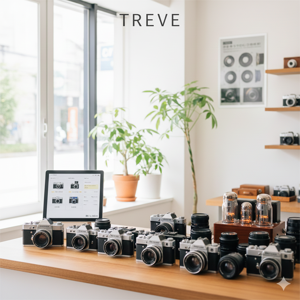 明るい日差しが入り観葉植物が置かれた清潔感のある店内の木製カウンターに、遺品整理で持ち込まれた多数のヴィンテージ一眼レフカメラやレンズ、真空管アンプが整然と並べられている画像。横には査定リストが表示されたタブレットがある。高松市の遺品整理・買取専門店「TREVE」のイメージ。