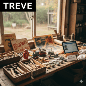 「TREVE」のロゴが入った画像。古い工房のような場所の木製デスクに、遺品整理で出てきたブリキのロボットやミニカー、アンティークなポスター、古い工具類が並べられている。白い手袋をはめた鑑定士がタブレットで市場価値を確認しており、「2025年 遺品整理・コレクション査定」と書かれた札が添えられている。