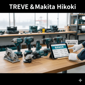 「TREVE & Makita Hikoki」の文字が入った画像。木製カウンターにマキタ（Makita）やハイコーキ（HiKOKI）のインパクトドライバー、丸ノコ、グラインダーが並び、鑑定士がタブレットで「超高価買取」の相場を示している。背後には工具ケースが並ぶ棚があり、「マキタ・ハイコーキ超高価買取」の札が添えられている。