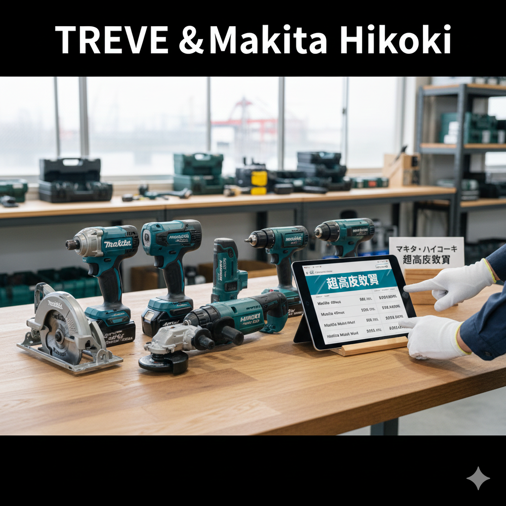 「TREVE & Makita Hikoki」の文字が入った画像。木製カウンターにマキタ（Makita）やハイコーキ（HiKOKI）のインパクトドライバー、丸ノコ、グラインダーが並び、鑑定士がタブレットで「超高価買取」の相場を示している。背後には工具ケースが並ぶ棚があり、「マキタ・ハイコーキ超高価買取」の札が添えられている。