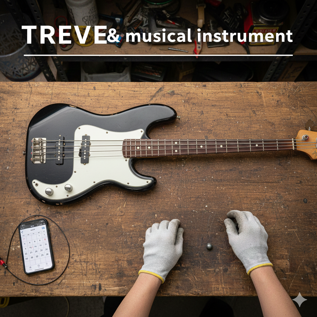 木製の作業台の上に、黒と白のプレシジョンベース（ベースギター）が置かれ、白い作業手袋をはめた手が左右に広げられている画像。隣にはスマートフォンがあり、楽器の買取査定のイメージ。高松市の楽器買取専門店「TREVE」のイメージ。