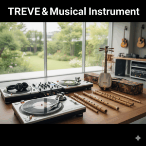 「TREVE & Musical Instrument」の文字が入った画像。緑豊かな庭が見える明るい査定ブースで、木製デスクにテクニクス（Technics）のターンテーブル2台とミキサー、ヘッドホンが並んでいる。その横には三味線や尺八、龍笛などの和楽器も置かれ、背景にはギターが壁掛けされている。高松市の楽器買取専門店「TREVE」のイメージ。