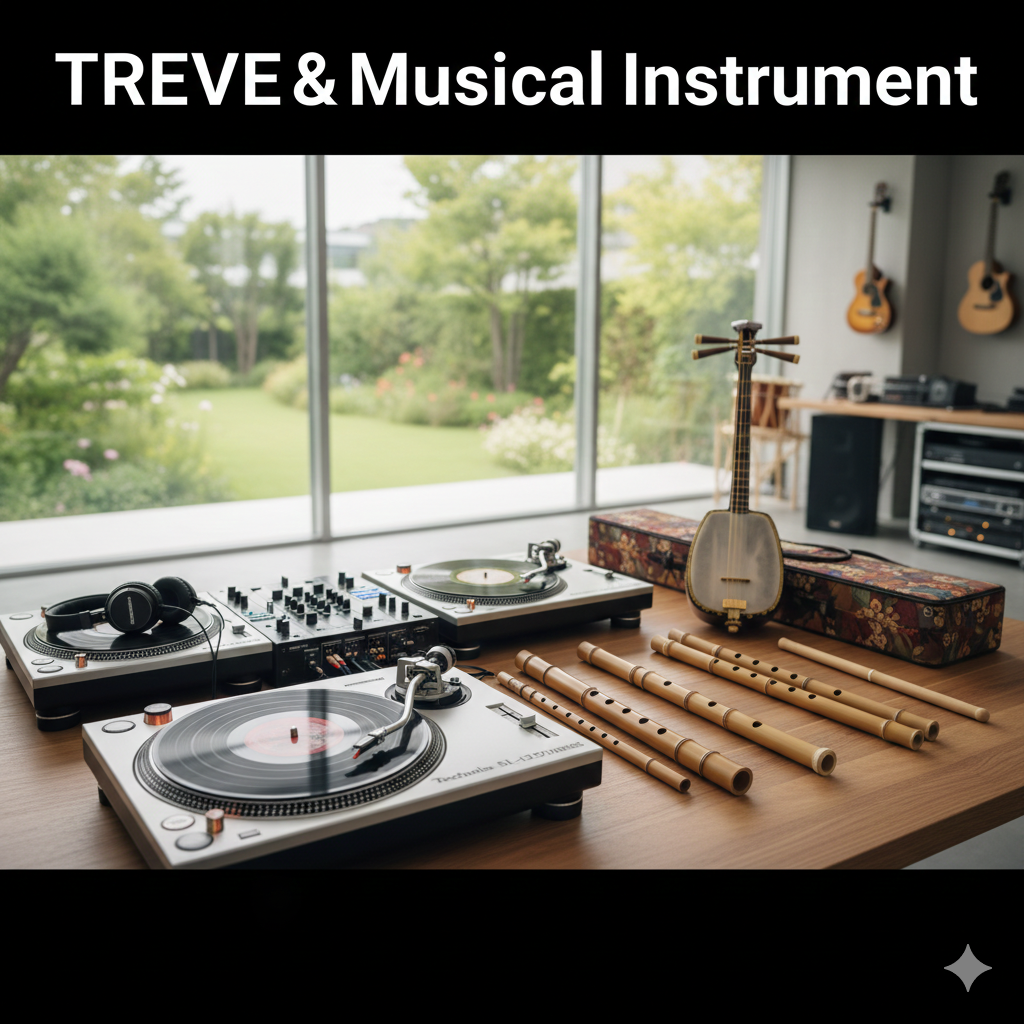 「TREVE & Musical Instrument」の文字が入った画像。緑豊かな庭が見える明るい査定ブースで、木製デスクにテクニクス（Technics）のターンテーブル2台とミキサー、ヘッドホンが並んでいる。その横には三味線や尺八、龍笛などの和楽器も置かれ、背景にはギターが壁掛けされている。高松市の楽器買取専門店「TREVE」のイメージ。