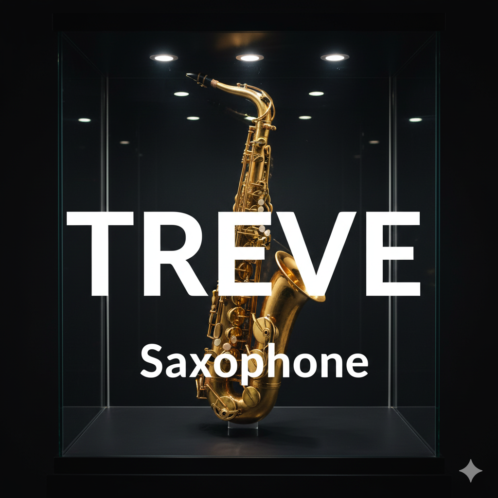 スポットライトが当たったガラスケース内に展示された金色のサクソフォーン（サックス）の画像。高松市内の楽器買取専門店「TREVE」のイメージ。
