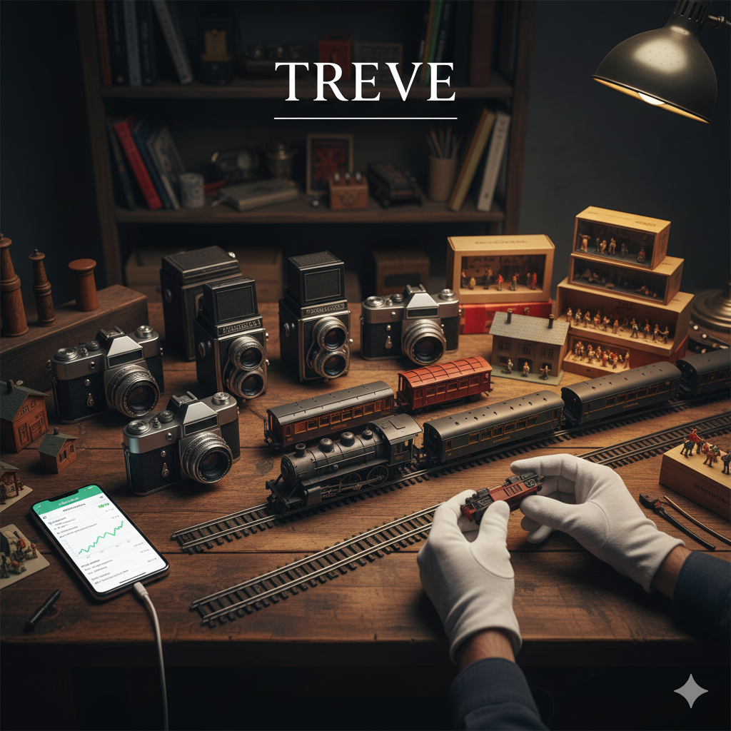暗い室内で、木製のデスクの上に、古い二眼レフカメラや一眼レフカメラ数台、鉄道模型（蒸気機関車、客車、レール）、小さな人形やミニチュアハウスなどが並べられた画像。白い手袋をはめた手が鉄道模型の車両を触っている様子。高松市の趣味の品・骨董品買取専門店「TREVE」のイメージ。