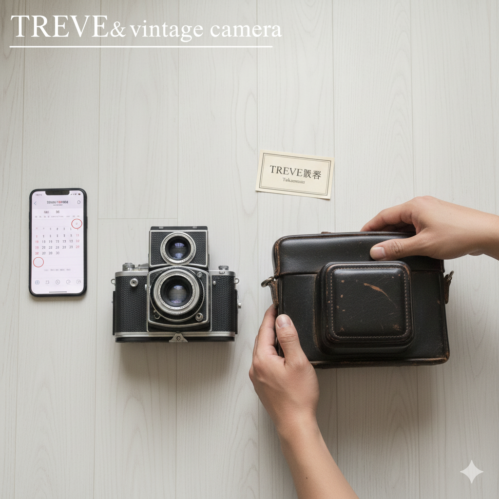 白い床の上に、二眼レフカメラ、カメラケース、スマートフォンの買取査定スケジュール画面、そして「TREVE買取査定」の紙が置かれ、カメラケースを男性の手が持っている画像。高松市のヴィンテージカメラ買取専門店「TREVE」のイメージ。