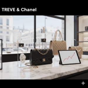 「TREVE & Chanel」の文字が入った画像。高級感のある大理石のカウンターに、シャネルの黒いマトラッセチェーンショルダーバッグ、ベージュのハンドバッグ、白いJ12風の腕時計が並べられている。横のタブレットには右肩上がりの相場グラフが表示されており、窓の外にはヨーロッパ風の街並みが見える。高松市のブランド買取専門店「TREVE」のイメージ。
