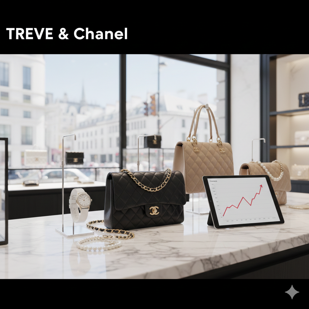 「TREVE & Chanel」の文字が入った画像。高級感のある大理石のカウンターに、シャネルの黒いマトラッセチェーンショルダーバッグ、ベージュのハンドバッグ、白いJ12風の腕時計が並べられている。横のタブレットには右肩上がりの相場グラフが表示されており、窓の外にはヨーロッパ風の街並みが見える。高松市のブランド買取専門店「TREVE」のイメージ。