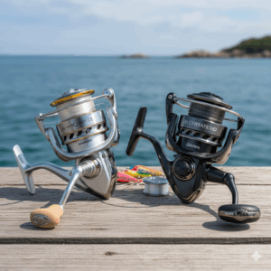 青い海を背景にしたウッドデッキの上に、シマノ(SHIMANO)の「26 VANQUISH CE」とダイワ(DAIWA)の「26 CERTATE HD」の最新スピニングリールが並んでいる画像。傍らにはカラフルなルアーやラインも置かれ、高松市の釣具買取専門店「TREVE」が最高峰のタックルを査定するイメージ。