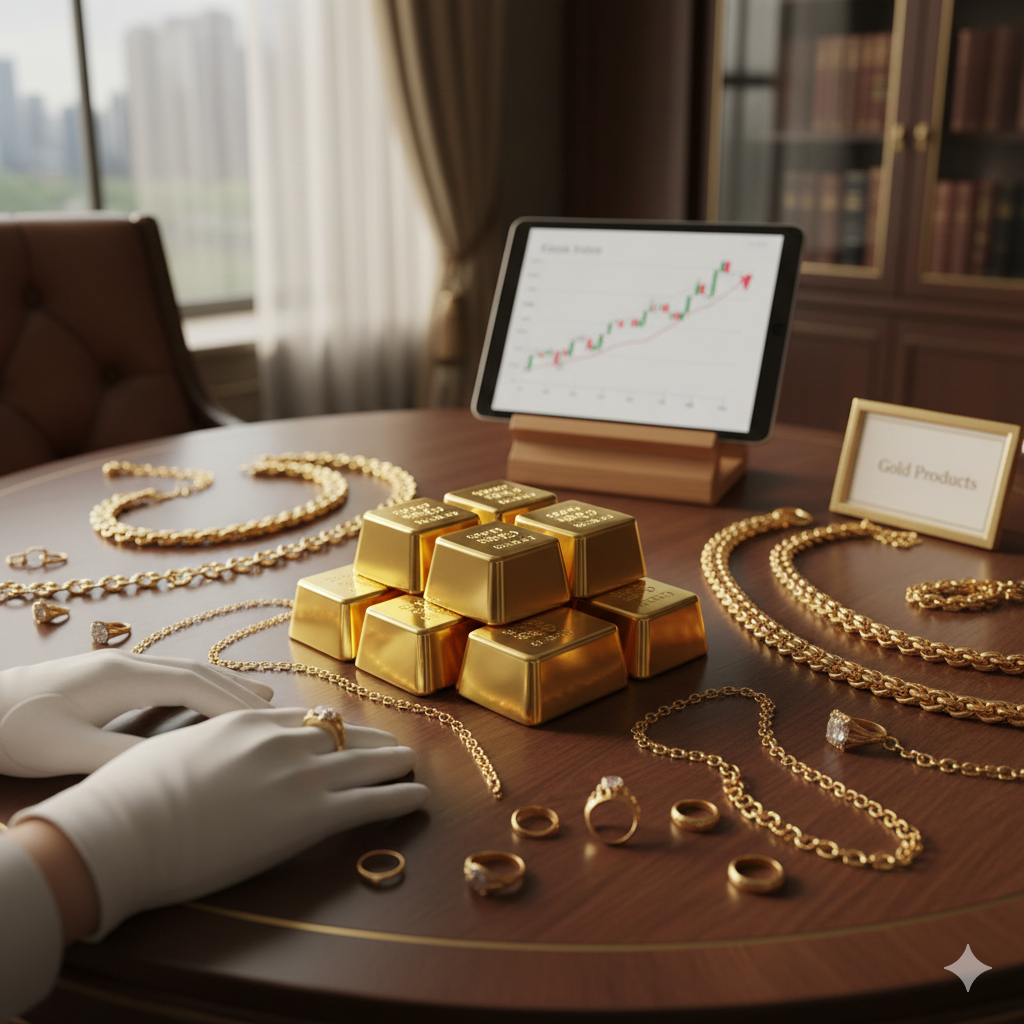 高級感のあるラウンジのような査定ブースで、木製テーブルの上に積み上げられた複数の金インゴットと、それを取り囲むように並べられた金の喜平ネックレスやリングなどの宝飾品。白い手袋をはめた鑑定士の手元と、背景には右肩上がりの金相場チャートが表示されたタブレットが見える。高松市の金買取専門店「TREVE」のイメージ。