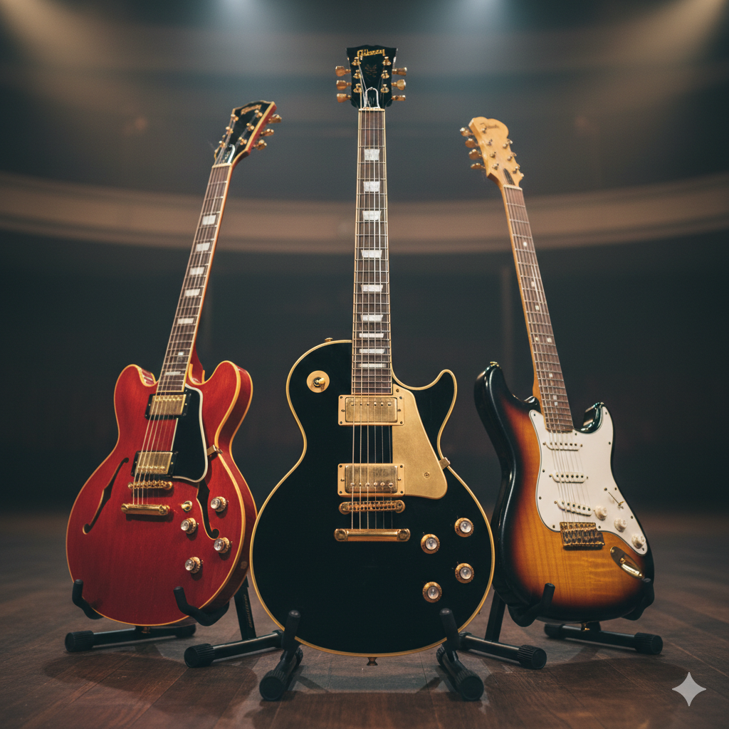 ステージのスポットライトを背景に、ギブソン（Gibson）のレスポール・カスタム（黒）、ES-335（赤）、そしてフェンダー（Fender）のストラトキャスター（サンバースト）がギタースタンドに並べられている画像。各ギターのゴールドパーツや木目が美しく強調されており、高松市の楽器買取専門店「TREVE」の高級ギター査定をイメージしている。