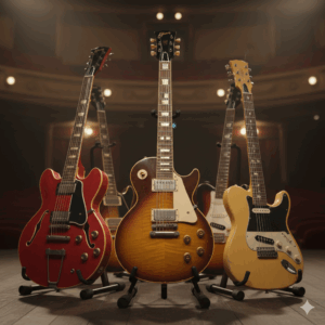 歴史ある劇場のステージ上、スポットライトを浴びる数本の高級エレキギター。中央には美しいサンバースト塗装のギブソン(Gibson)レスポール、左には赤いセミアコ(ES-335風)、右にはフェンダー(Fender)テレキャスター風のモデルがスタンドに並んでいる。背後には無人の客席が広がる、高松市の楽器買取専門店「TREVE」の重厚な査定イメージ。