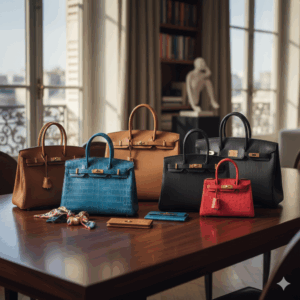 「HERMES」の文字が入った画像。陽光が差し込むシックなラウンジのテーブルに、エルメス(HERMES)のバーキンやケリーが5点並べられている。素材はトゴやアリゲーター、オーストリッチなど多岐にわたり、カラーもゴールド、ブルージーン、ブラック、ルージュなど多彩。手前には財布やツイリーも添えられ、高松市のブランド買取専門店「TREVE」の優雅な査定空間を表現している。