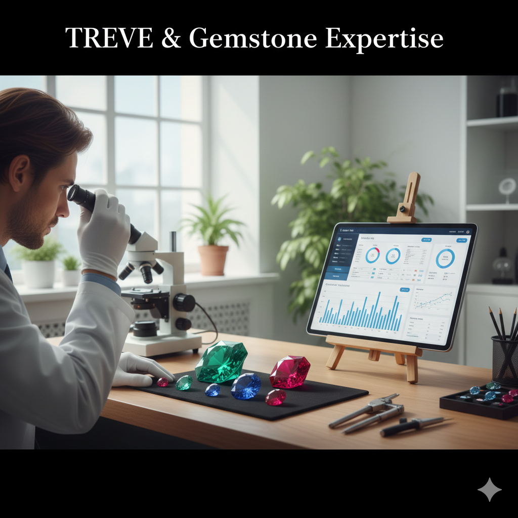 「TREVE & Jewelry」の文字が入った画像。高級感のある店舗カウンターに、大粒のダイヤモンドリング、エメラルド、サファイア、ルビーなどの色石ジュエリーが贅沢に並べられている。白い手袋をはめた鑑定士がルーペ（キズミ）を手に持ち、タブレットの宝石評価基準を確認しながら一点ずつ丁寧に査定している様子。高松市の宝石買取専門店「TREVE」のイメージ。