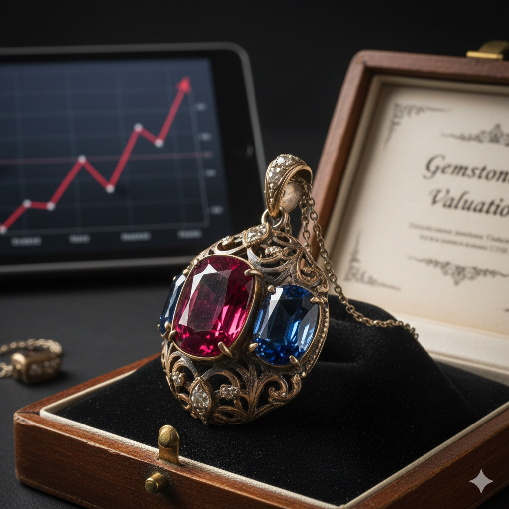重厚な木製ジュエリーボックスに収められた、大粒のルビーとサファイアをあしらったアンティーク調のゴールドペンダントトップ。背景には「Gemstone Valuation」の証明書と、右肩上がりの相場グラフが表示されたタブレットが置かれている。高松市の宝石買取専門店「TREVE」による、歴史的価値と市場価値を掛け合わせた査定シーン。