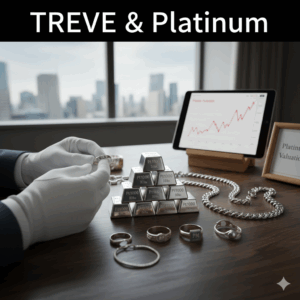 「TREVE & Platinum」の文字が入った画像。高層ビル群が見える窓際のデスクに、ピラミッド状に積まれたプラチナインゴット（Pt1000）と、プラチナの指輪や喜平ネックレスが並んでいる。白い手袋をはめた鑑定士が指輪を精査しており、背景のタブレットには右肩上がりの相場グラフが表示されている。高松市のプラチナ買取専門店「TREVE」のイメージ。