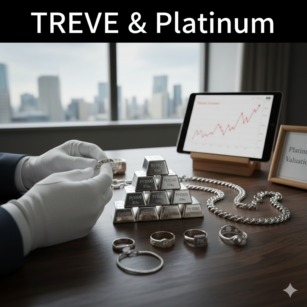 「TREVE & Platinum」の文字が入った画像。高層ビル群が見える窓際のデスクに、ピラミッド状に積まれたプラチナインゴット（Pt1000）と、プラチナの指輪や喜平ネックレスが並んでいる。白い手袋をはめた鑑定士が指輪を精査しており、背景のタブレットには右肩上がりの相場グラフが表示されている。高松市のプラチナ買取専門店「TREVE」のイメージ。