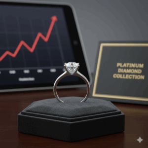黒いジュエリーケースの上に、一粒の大きなダイヤモンドが輝くプラチナリングが置かれている画像。背景には右肩上がりの相場グラフが表示されたタブレットと、「PLATINUM DIAMOND COLLECTION」と記された高級感のある黒いカードが添えられている。高松市のプラチナ・宝石買取専門店「TREVE」のイメージ。
