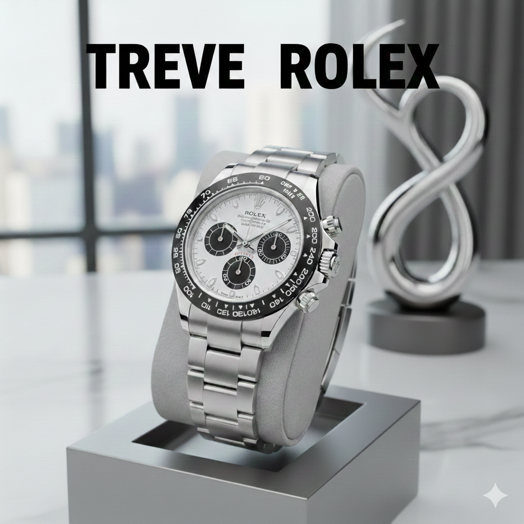 「TREVE ROLEX」の文字が入った画像。高級感のあるモダンな査定ブースで、白文字盤に黒のインダイヤルが特徴的なロレックス（ROLEX）コスモグラフ デイトナが専用スタンドに展示されている。背景には都市の景観が広がり、シルバーのオブジェが置かれた洗練された空間。高松市のロレックス買取専門店「TREVE」のイメージ。