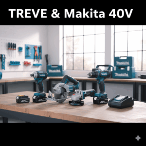 「TREVE & Makita 40V」の文字が入った画像。明るいワークショップの木製作業台に、マキタ（Makita）の40Vmaxシリーズのインパクトドライバー、丸ノコ、グラインダー、充電ドリル、急速充電器が整然と並べられている。背景の壁には工具が整理され、マキタの青い収納ケースも置かれている。高松市の電動工具買取専門店「TREVE」のイメージ。