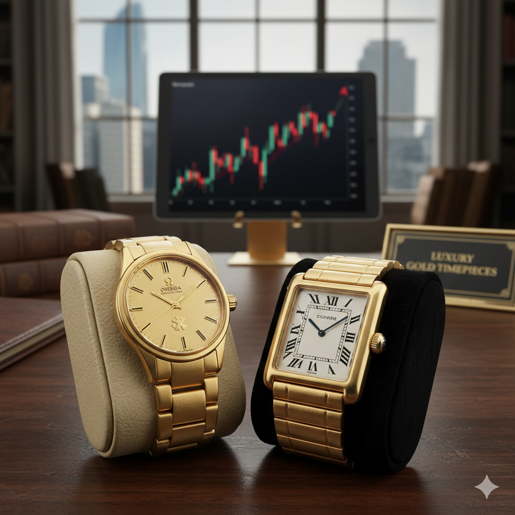 モダンな査定ブースで、専用のウォッチクッションにセットされた2本の金無垢腕時計が並んでいる画像。左にはオメガ（OMEGA）風のゴールドウォッチ、右にはカルティエ（Cartier）のタンク風スクエアウォッチが置かれている。背景には右肩上がりの相場チャートが表示されたタブレットと「LUXURY GOLD TIMEPIECES」のプレートが見える。高松市の時計買取専門店「TREVE」のイメージ。
