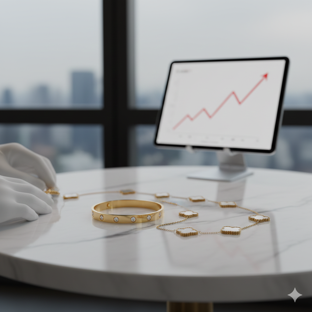 高級感のある大理石のテーブルに、ヴァンクリーフ＆アーペルの「アルハンブラ」ネックレスと、カルティエの「ラブブレス」風のゴールドバングルが並べられている。背景には右肩上がりの相場グラフが表示されたタブレットがあり、白い手袋をはめた鑑定士がジュエリーを手に取ろうとしている様子。高松市のブランド買取専門店「TREVE」のイメージ。
