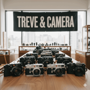 「TREVE & CAMERA」の大きなタペストリーが掲げられた明るい店舗で、木製カウンターにライカ（Leica）M型やニコン（Nikon）のヴィンテージカメラが十数台整然と並べられている画像。背景の棚にもレンズやカメラボディが多数陳列され、窓の外には高松市の街並みが広がっている。