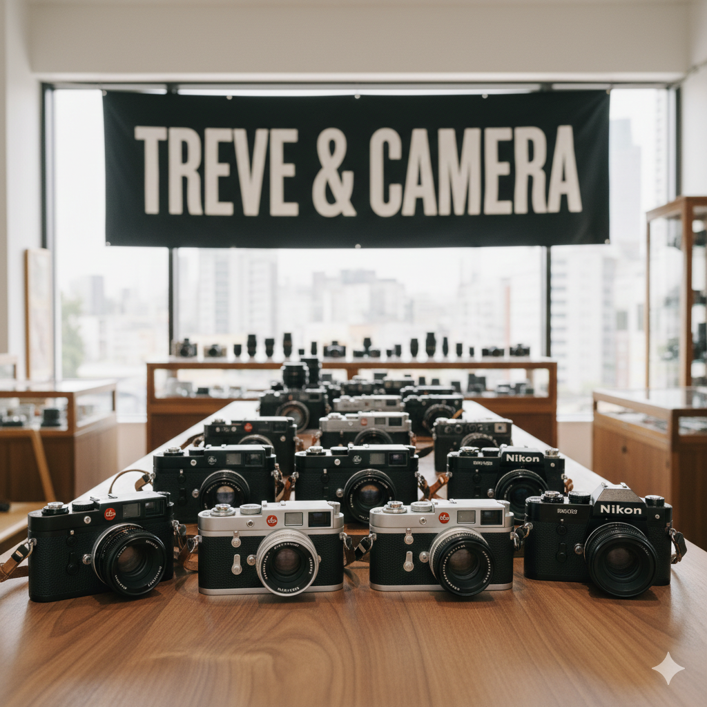 「TREVE & CAMERA」の大きなタペストリーが掲げられた明るい店舗で、木製カウンターにライカ（Leica）M型やニコン（Nikon）のヴィンテージカメラが十数台整然と並べられている画像。背景の棚にもレンズやカメラボディが多数陳列され、窓の外には高松市の街並みが広がっている。