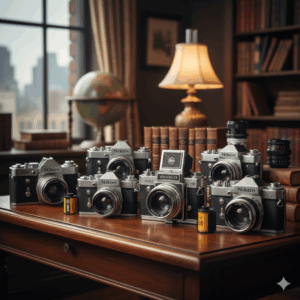 アンティークな書斎のデスクに、ニコン（Nikon）のFシリーズ等の銀塩一眼レフカメラ5台と、中央にハッセルブラッド（Hasselblad）の中判カメラが並べられている画像。傍らには未現像のフィルム缶や古い洋書、地球儀、クラシックなランプが置かれ、重厚な雰囲気の中でコレクションを査定している様子。高松市のカメラ買取専門店「TREVE」のイメージ。