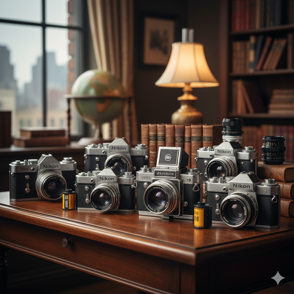 アンティークな書斎のデスクに、ニコン（Nikon）のFシリーズ等の銀塩一眼レフカメラ5台と、中央にハッセルブラッド（Hasselblad）の中判カメラが並べられている画像。傍らには未現像のフィルム缶や古い洋書、地球儀、クラシックなランプが置かれ、重厚な雰囲気の中でコレクションを査定している様子。高松市のカメラ買取専門店「TREVE」のイメージ。