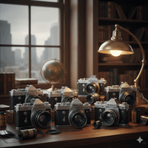 クラシックな洋館の窓際にある木製デスクに、ニコン(Nikon)FシリーズやS2などの銀塩一眼レフ・レンジファインダーカメラが8台並べられている画像。デスクには真鍮のランプ、地球儀、古い洋書、フィルムが置かれ、背景には都会のビル群が広がっている。高松市のカメラ買取専門店「TREVE」の重厚な査定イメージ。