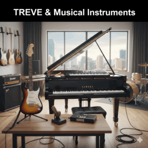 「TREVE & Musical Instruments」の文字が入った画像。都会的な眺望の明るい音楽スタジオで、中央にヤマハ（YAMAHA）の黒いグランドピアノが置かれ、その上にシンセサイザーが重なっている。手前にはフェンダー風のストラトキャスターとKORGの機材、背景には壁掛けギターやドラムセットが見える。高松市の楽器買取専門店「TREVE」のイメージ。