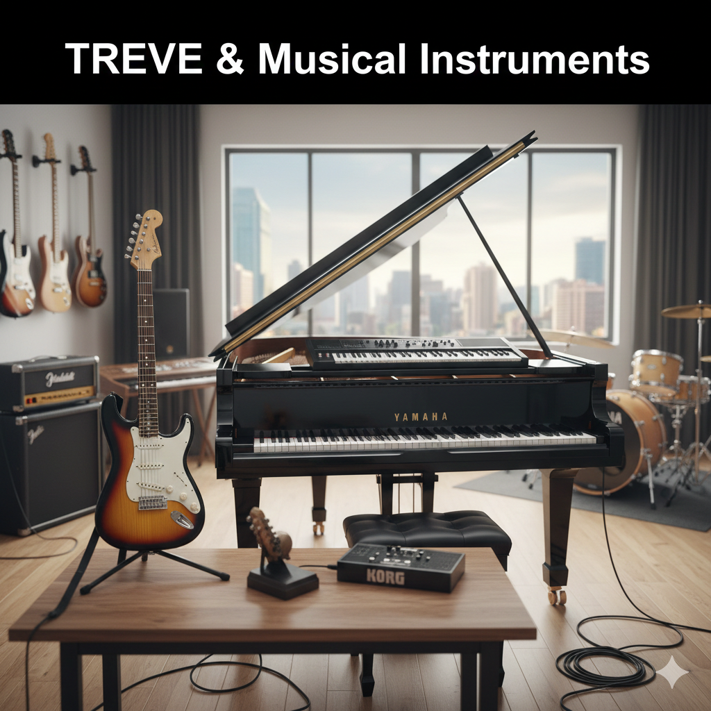 「TREVE & Musical Instruments」の文字が入った画像。都会的な眺望の明るい音楽スタジオで、中央にヤマハ（YAMAHA）の黒いグランドピアノが置かれ、その上にシンセサイザーが重なっている。手前にはフェンダー風のストラトキャスターとKORGの機材、背景には壁掛けギターやドラムセットが見える。高松市の楽器買取専門店「TREVE」のイメージ。