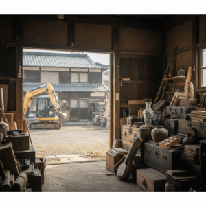 古い日本家屋の蔵や土間の入り口からの風景。室内には古い木箱や長持、骨董の壺、和楽器、古い書物などが積み上げられており、開かれた扉の向こうには中庭と作業用のショベルカーが見える。歴史を感じる品々が整理を待っている様子。高松市の遺品整理・生前整理買取専門店「TREVE」のイメージ。