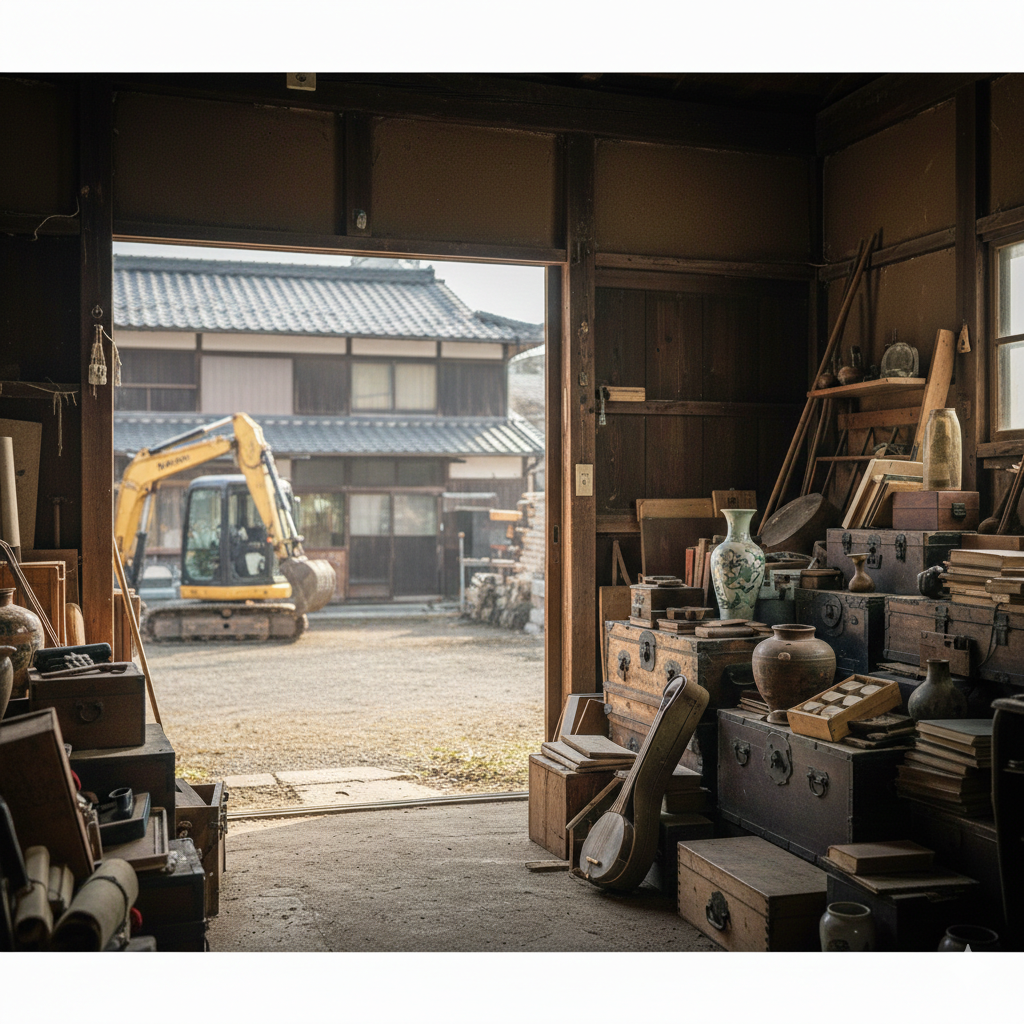 古い日本家屋の蔵や土間の入り口からの風景。室内には古い木箱や長持、骨董の壺、和楽器、古い書物などが積み上げられており、開かれた扉の向こうには中庭と作業用のショベルカーが見える。歴史を感じる品々が整理を待っている様子。高松市の遺品整理・生前整理買取専門店「TREVE」のイメージ。