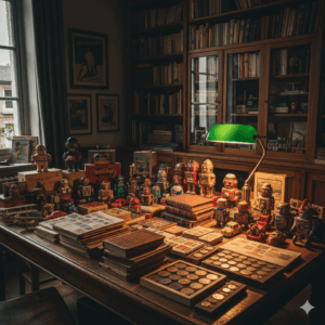 クラシックな書斎の大きな木製デスクに、数十体のヴィンテージなブリキのロボット玩具やミニカー、古切手のストックブック、古い硬貨のコレクションケースが所狭しと並べられている画像。緑色のシェードのデスクライトがコレクションを照らし、背景には本棚が並ぶ。高松市のレトロ玩具・骨董買取専門店「TREVE」の査定イメージ。