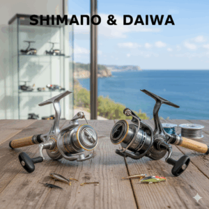 「SHIMANO & DAIWA」の文字が入った画像。美しい瀬戸内海を一望できる明るい店舗の木製デスクに、シマノ(SHIMANO)のステラ風スピニングリールと、ダイワ(DAIWA)のイグジスト風スピニングリールが並んでいる。背景には釣具のディスプレイケースがあり、高松市の釣具買取専門店「TREVE」の高級感あふれる店内の様子。