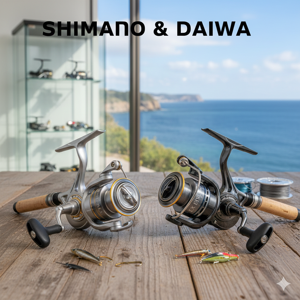 「SHIMANO & DAIWA」の文字が入った画像。美しい瀬戸内海を一望できる明るい店舗の木製デスクに、シマノ（SHIMANO）のステラ風スピニングリールと、ダイワ（DAIWA）のイグジスト風スピニングリールが並んでいる。背景には釣具のディスプレイケースがあり、高松市の釣具買取専門店「TREVE」の高級感あふれる店内の様子。