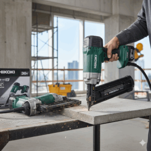 建設現場の背景に、ハイコーキ（HiKOKI）の36Vマルチボルトシリーズのコードレス釘打機が置かれた画像。職人が実際に釘を打ち込んでいる動作シーンと、手前には製品パッケージが並んでいる。高松市の電動工具買取専門店「TREVE」が、プロ仕様の最新工具を現場視点で精密査定するイメージ。