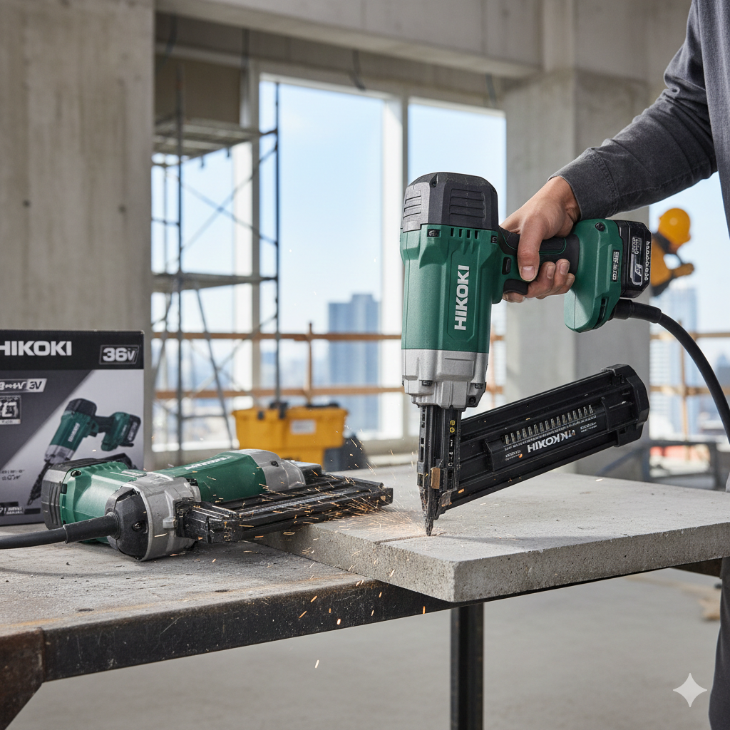 建設現場の背景に、ハイコーキ（HiKOKI）の36Vマルチボルトシリーズのコードレス釘打機が置かれた画像。職人が実際に釘を打ち込んでいる動作シーンと、手前には製品パッケージが並んでいる。高松市の電動工具買取専門店「TREVE」が、プロ仕様の最新工具を現場視点で精密査定するイメージ。