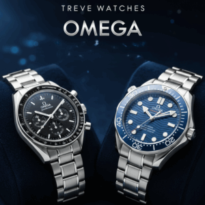 「TREVE WATCHES OMEGA」のロゴが上部に配された、深いネイビーのベルベット背景。左側には黒い文字盤が精悍なクロノグラフ「スピードマスター」、右側には波打ち模様のブルーダイアルが美しいダイバーズウォッチ「シーマスター」が、それぞれクッションにセットされて並んでいる。高松市の時計買取専門店「TREVE」による、オメガを代表する2大モデルの真贋・コンディション査定イメージ。