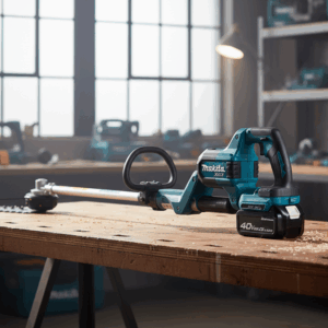 明るい光が差し込む木工所の作業台に置かれた、マキタ（Makita）の40Vmaxリチウムイオンバッテリーを装着した充電式草刈機（刈払機）。プロ仕様の「XGT」ロゴが見えるブルーの本体が中央に配置され、背景には整然と並ぶ他の電動工具や棚が見える。高松市の工具買取専門店「TREVE」による、最新園芸機器の査定風景。