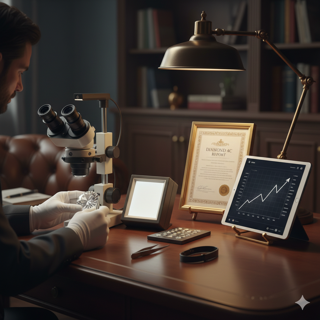 高級感のある査定デスクで、白い手袋をはめた鑑定士が顕微鏡を使用し、大粒のダイヤモンドルースを精査している画像。デスクには「DIAMOND 4C REPORT」と書かれた鑑定書、上昇する相場グラフが表示されたタブレット、ピンセットが整然と並んでいる。高松市のダイヤモンド買取専門店「TREVE」による、国際基準に基づいた真贋鑑定シーン。