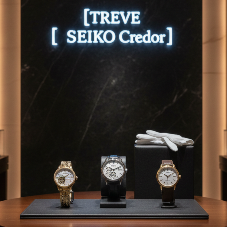 「【TREVE SEIKO Credor】」のブルーネオンロゴが黒大理石の壁面に映える、高級感溢れる査定ラウンジ。中央の円形ウッドテーブルには、ゴールドブレスのドレスウォッチ、レザーストラップのコンプリケーションモデルなど、セイコーとクレドールの至高のタイムピース3本が並んでいる。傍らには白い接客用手袋が添えられ、高松市の時計買取専門店「TREVE」による、国産時計の精密な機構と外装美を敬意を持って鑑定するイメージ。