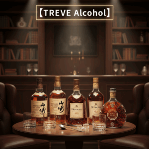 「【TREVE Alcohol】」のゴールドロゴが輝く、重厚な書斎風のプライベートバー。円形のウッドテーブルには、ジャパニーズウイスキーの最高峰「山崎」のボトル2本を中心に、コニャックの名門「ヘネシー(Hennessy)」のデキャンタや「ルイ13世」を彷彿とさせる高級ブランデーが5本並んでいる。傍らにはクリスタルグラスと氷が添えられ、高松市の買取専門店「TREVE」が、古酒のラベル状態や液面低下、希少価値を厳格に鑑定する専門査定イメージ。