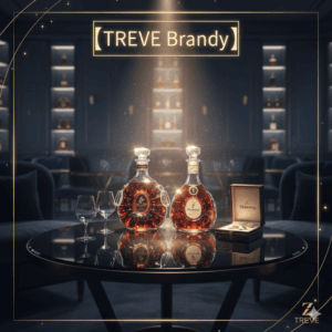 「【TREVE Brandy】」のゴールドロゴが輝く、星屑のような光が舞う幻想的な高級ラウンジ。中央の黒い円形ガラステーブルには、バカラクリスタルが眩い「レミーマルタン ルイ13世」を彷彿とさせるデキャンタと、並んで「ヘネシー」の最高峰ボトルが、スポットライトを浴びて神々しく並んでいる。傍らにはテイスティング用のグラスと、専用ボックスが添えられ、高松市の買取専門店「TREVE」が最高級古酒の真贋と保存状態を厳密に鑑定する専門査定イメージ。